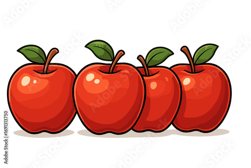 Row of four fresh red apples vector cartoon illustration. Simple flat design of ripe healthy fruit with leaf. Concept for organic food, diet, nutrition, grocery, harvest.
