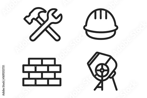 Construction icon set with minimalist line art. Vector graphic elements for building, repair, and industry. Features hammer, wrench, hard hat, brick wall, concrete mixer.