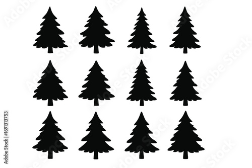 Pine Tree Silhouettes Grid Vector, Different Evergreen Spruce Fir Outline Styles, Black Forest Tree Shapes Collection, Cartoon Conifer Illustration, Transparent Background Design Elements Set