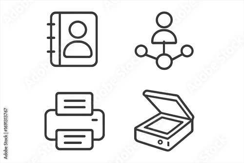 Business icons set in thin line style. Vector collection includes contact book, networking, printer and scanner symbols for office, communication and technology concepts.