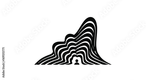 Abstract optical illusion of a person entering a surreal, wavy cave entrance with black and white stripes