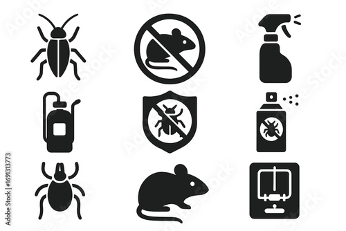 Pest control service solid icon set. Insect and rodent prevention glyphs collection. Extermination symbols for cockroach, rat, tick. Disinfection sprayer, trap and protection sign.