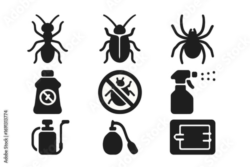 Pest control solid icon set. Insects, pesticide, spray tools glyph icons collection. Vector illustration. Ant, cockroach, spider, poison, bug stop sign, exterminator kit.