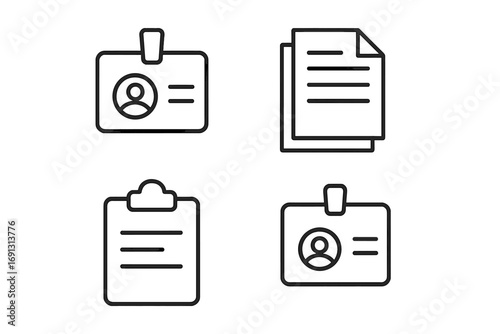 Employee badge, ID card, documents, clipboard line icon bundle. Minimalistic linear pictogram set for corporate identity, HR, personal data, office administration and paperwork.