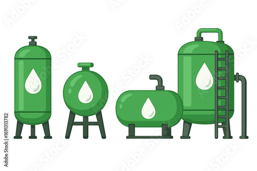 Green hydrogen storage tanks vector illustration. Set of cylindrical, spherical, and horizontal gas storage containers. Clean energy technology concept. Industrial tank collection isolated on white