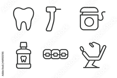 Minimalist dental line icon set. Dentistry and oral hygiene concept. Vector icons of tooth, drill, floss, mouthwash, braces, and dentist chair. Stomatology graphics.