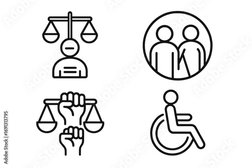 Inclusive legal icons. Equality, justice, accessibility concept. Vector line art. Human rights, disability, community. Civil rights protest. Law balance. Social issues set.
