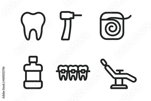 Dental icon set. Line art icons for dentistry and oral hygiene. Tooth, drill, floss, mouthwash, braces, dentist chair symbols. Stomatology and orthodontics elements vector.