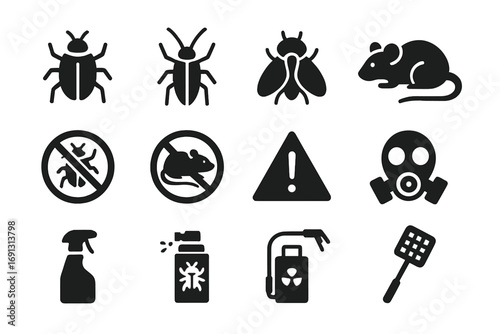 Pest control solid icon set with bugs, rodents, and exterminator equipment. Vector glyph symbols for disinfection service. Includes cockroach, rat, fly, toxic spray, and warning signs.