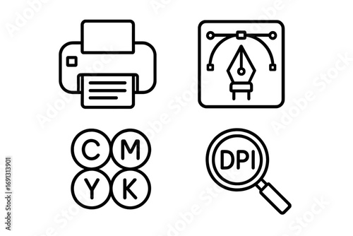 Printing essentials outline icon set for graphic design. Vector icons for print, press, and publishing. Includes printer, pen tool, CMYK, and DPI resolution symbols.
