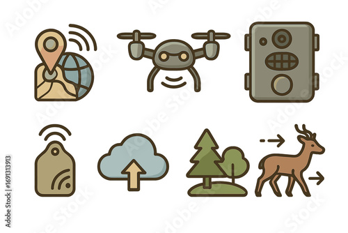 Wildlife monitoring icon set for conservation tech. Vector illustration of GPS, drone, camera trap, RFID tag, cloud data, habitat, and animal movement tracking for research.