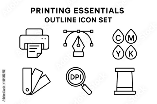 Printing essentials outline icon set for graphic design. Vector symbols for print shop, publishing, and prepress. Includes printer, pen tool, CMYK, and DPI icons.