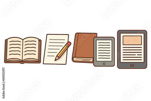 Evolution of Reading and Writing Materials. Open Book, Notebook with Pencil, Closed Book, Tablet, E-reader. Literature Transition from Traditional Print to Digital Formats. Vector Illustration Concept