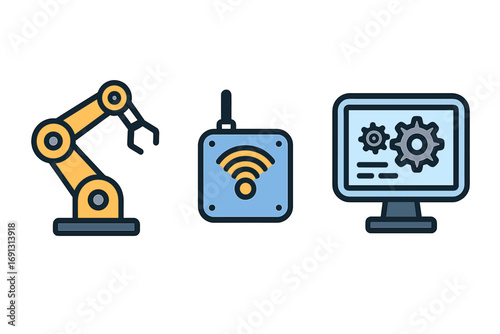 Industrial technology vector icons. Robotic arm, IoT sensor, digital solution. Automation concept. Smart factory manufacturing. Industry 4.0. Robotics. Cartoon illustration set.