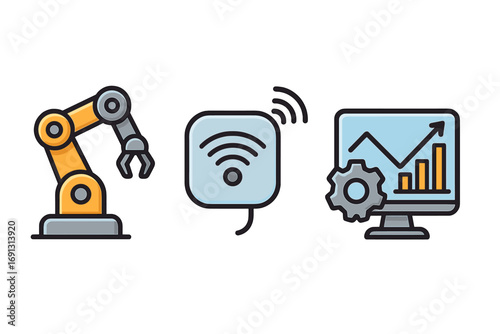 Industrial technology icons for smart factory automation. Robotic arm, IoT sensor, and data analysis on computer screen. Industry 4.0 concept. Digital solutions vector set.