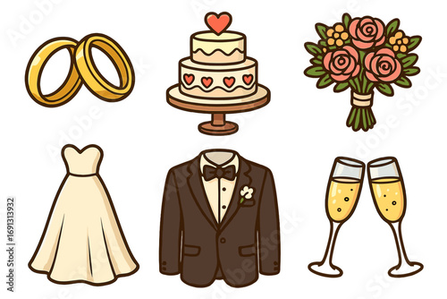 Wedding celebration vector cartoon illustration featuring gold rings, tiered cake with hearts, rose bouquet, bridal gown, groom tuxedo, and champagne glasses on transparent background