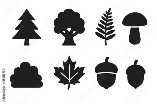 Forest icons set solid filled glyphs. Collection of woodland plant, tree, pine, oak, fern, mushroom, bush, maple leaf, acorn silhouettes. Vector nature design elements illustration.