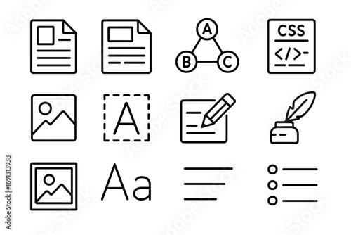 Publishing and editorial line icon set for articles, layouts, and style sheets. Vector icons for content creation, writing, web design, typography, CSS, and graphic design.