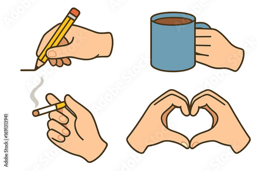 Hand gestures set concept. Collection of various activities. Writing, drawing with pencil, holding coffee mug, smoking cigarette, making heart shape. Love symbol. Vector illustration.