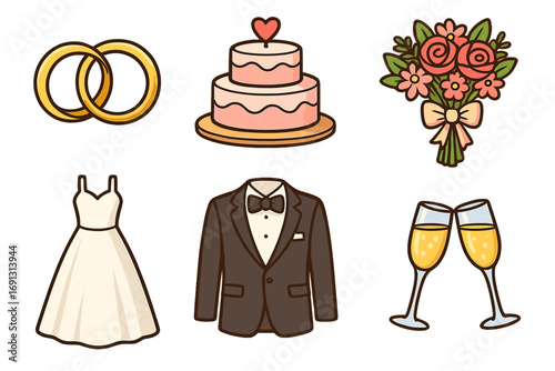 Wedding ceremony essentials vector illustration, cartoon icons of gold rings, wedding cake with heart topper, floral bouquet, bridal dress, groom tuxedo, champagne glasses, transparent background