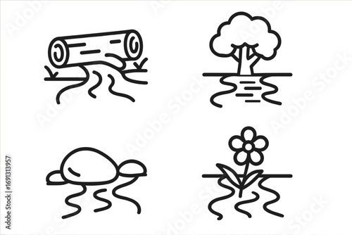 Forest river nature outline icon set. Line art symbol collection. Fallen log, tree reflection, water stream, pebble, wildflower. Simple vector eco environment illustration.