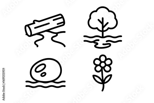 Outline forest river icon set. Simple vector symbols of fallen log, tree reflection, river stone, wildflower. Minimalist nature, park, and outdoor pathway elements.