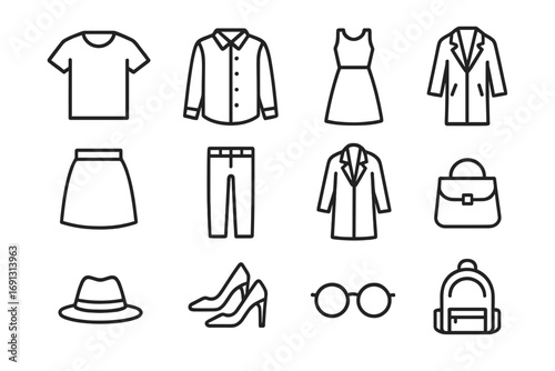 Fashion clothes line icon set. Minimalist vector symbols for clothing and accessories. Simple outline pictogram collection of dress, shirt, skirt, pants, coat, bag, and shoes.