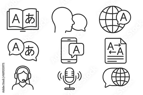 Language translation and communication icon set. Vector line art symbols for dictionary, online translator app, global dialogue, customer support, and multilingual speech.