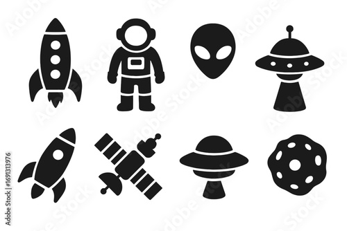 Space icon set silhouette collection. Rocket, astronaut, alien head, UFO, satellite, asteroid symbols. Vector glyphs for sci-fi, cosmos exploration and astronomy design.