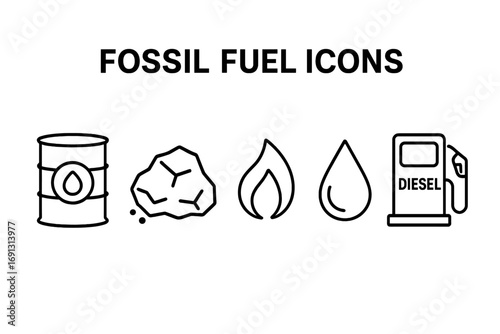 Fossil fuel outline icon set. Energy sources like crude oil barrel, coal, natural gas flame, petroleum drop, and diesel pump. Non-renewable resources and pollution concept.