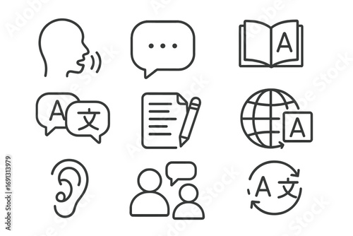 Language and communication linear icon set. Vector symbols for translation, learning, dialogue. Icons for speech, hearing, writing, and global communication. Minimalist outline illustration.
