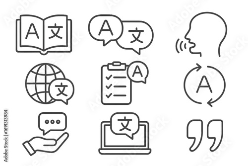 Language translation icon set vector line art. Communication, interpreter, dictionary, linguistics pictogram. Global business, speech, learning, online translator, language school.
