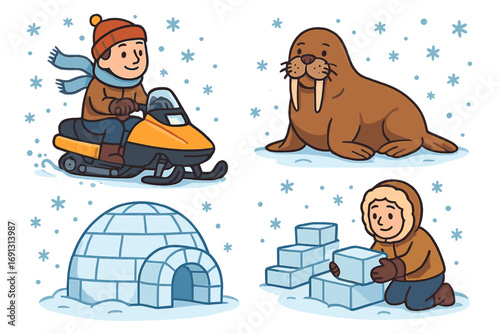Winter Activities in Arctic Vector Illustration: Snowmobile Ride, Walrus, Igloo Building, Snowflakes, Inuits, Animal Encounter, Cold Weather, Outdoor Adventure, Kids, Traditional Culture, Cartoon