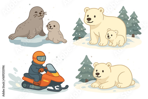 Arctic wildlife adventure set with seals and pups on ice, polar bear family by snow-covered trees, snowmobile rider in winter landscape, cute cartoon vector illustration collection