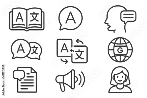 Language translation and communication linear icons. Vector outline icon set for dictionary, translator app, multilingual chat, global business, and online support.