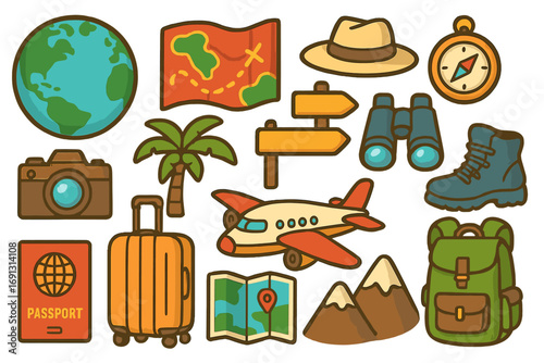 Travel adventure essentials icons set. Vector cartoon symbols of global exploration, adventure journey gear, vacation trip items. Airplane, map, world, backpack, camera, passport, suitcase, boots