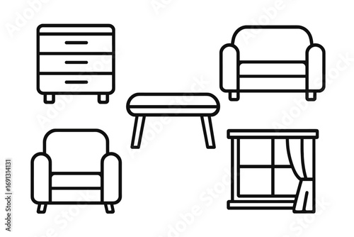 Furniture line icon collection. Interior design graphic elements. Minimal home living room decor. Vector outline icons of armchair, sofa, dresser, table, window for web, app, UI, UX.