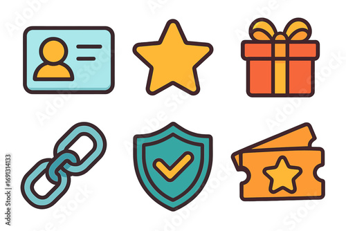 Loyalty program icon set with membership benefits symbols. Customer reward, star bonus, gift prize, ID card, secure shield, referral link, coupon ticket. Vector illustration.