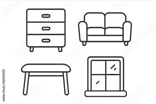 Furniture line icon set for interior design. Modern simple outline symbols for home decor. Vector collection for web, apps. Dresser, couch, sofa, bench, window icons.