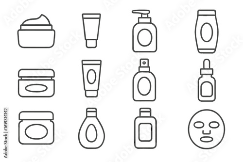 Skin care and beauty outline icon set. Vector line art collection of cosmetic product symbols like cream, lotion, serum, bottle, spray, shampoo, and face sheet mask.