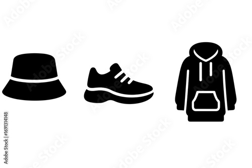 Gen Z fashion icons glyph icon set. Streetwear and millennial fashion trends. Vector illustration of bucket hat, chunky sneaker, and oversized hoodie apparel items.