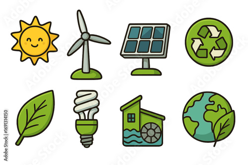Renewable energy icon set. Sustainable resources, eco-friendly practices. Green power concepts for a greener future. Solar, wind, hydro power and recycling vector graphics.