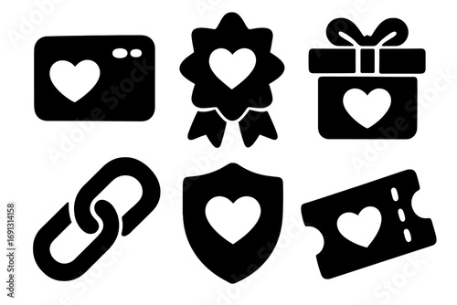 Loyalty program icon set with rewards symbols. Customer retention and membership benefits concept. Includes gift, bonus card, VIP badge, shield, and ticket glyphs. Black silhouette vector.