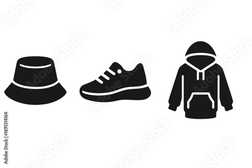 Gen Z and Millennial fashion icon set. Streetwear apparel silhouette symbols. Vector graphic of a bucket hat, sneaker, and oversized hoodie. Youth culture clothing trend icons.