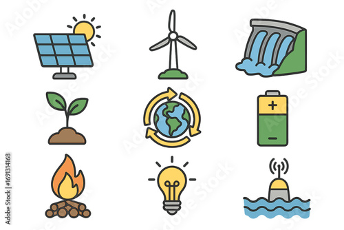 Renewable energy icon set. Sustainable power sources and green technology. Solar panel, wind turbine, hydro power, biomass, and battery storage vector cartoon icons.
