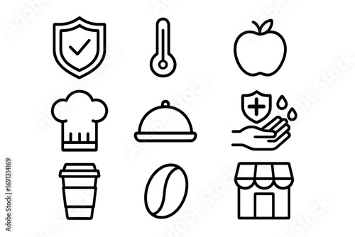 Food safety and coffee shop icon set. Minimalist outline symbols for hygiene, temperature, healthy food, chef, and restaurant service. Vector icons for cafe and clean food.