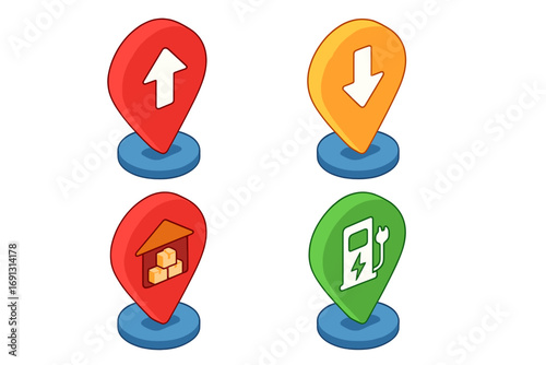 Isometric map marker icon set. Vector cartoon illustration of location pins for pickup point, drop-off, warehouse, and EV charging station. GPS navigation symbols.