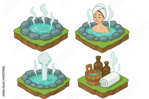 Geothermal hot springs isometric icon set. Spa wellness symbols for hydrotherapy relaxation. Woman bathing in onsen, natural geyser, and beauty treatment vector items.