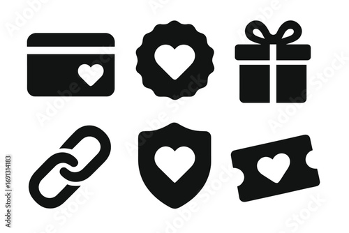 Loyalty program rewards icon set. Customer benefit and bonus gift icons. Includes member card, VIP badge, secure shield, link, and discount ticket. Vector silhouette glyphs.