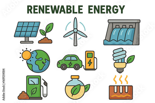 Renewable energy icon set. Green power sources and sustainable technology concepts. Solar panel, wind turbine, hydropower, geothermal, and biofuel symbols for a clean future.